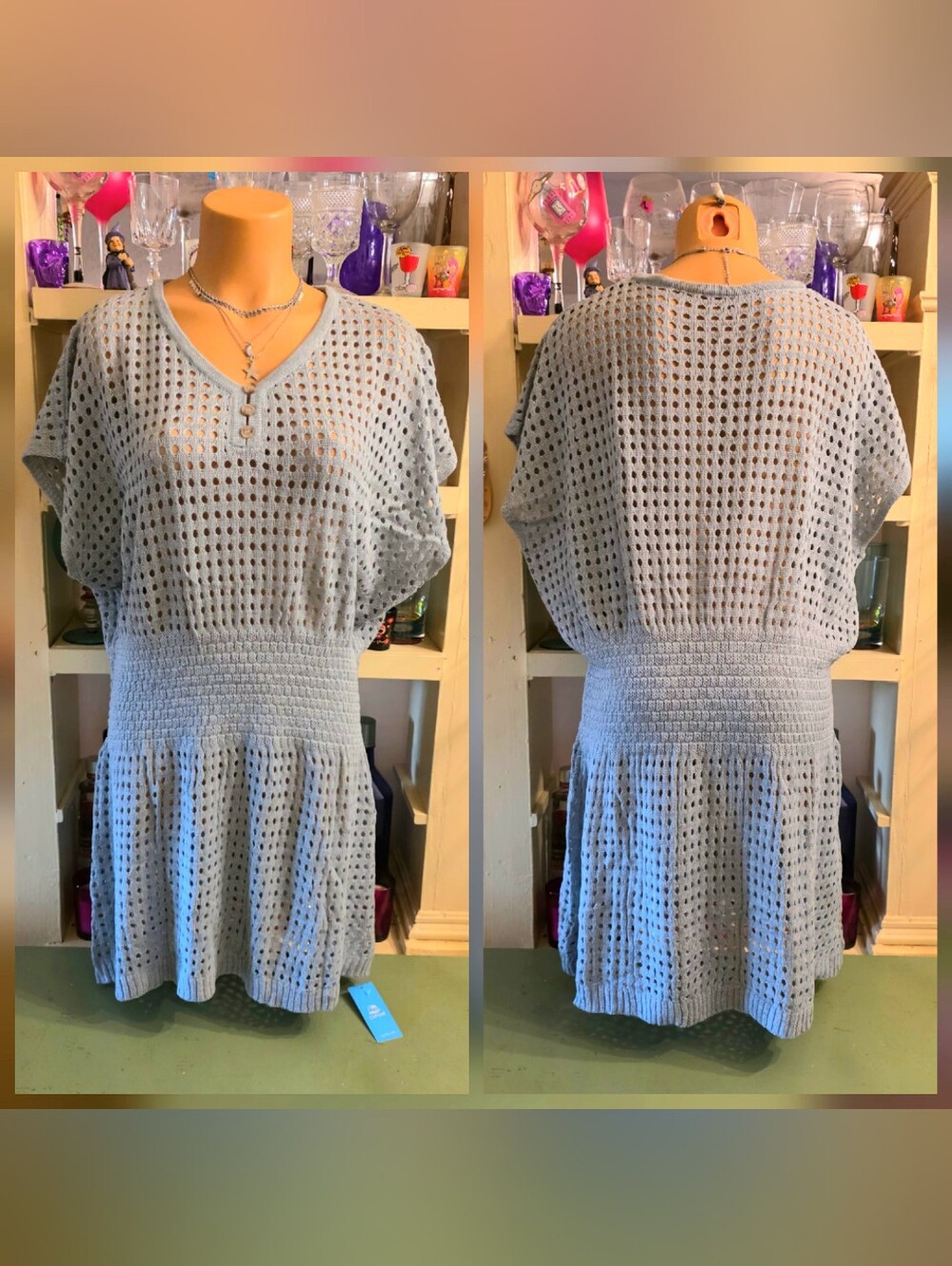 Cupshe Knit Crocheted Dress Semi-sheer Swimsuit Cover-up XXL Grey Stretchy NWT